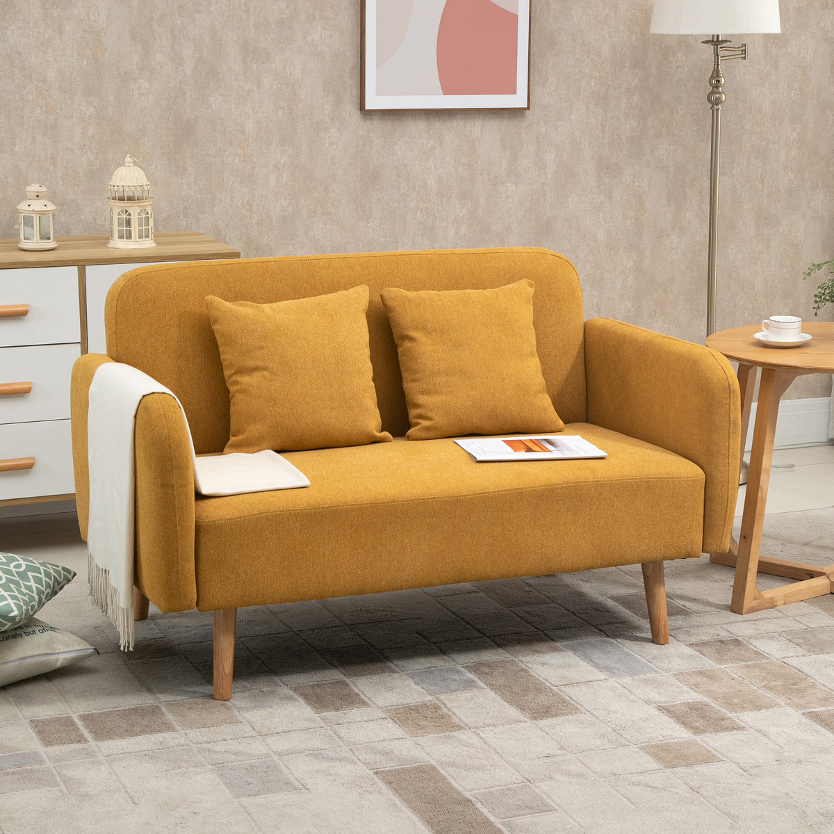 2-zitsbank met 2 sierkussens, kleine loveseat met fluwelen bekleding, moderne gestoffeerde bank voor woonkamer (2)