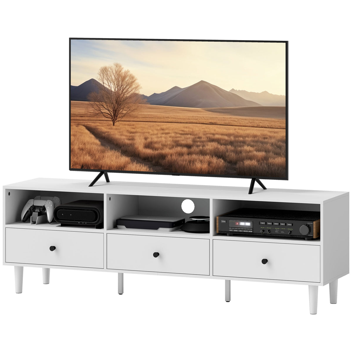 Tv-meubel, tv-standaard voor 75-inch schermen, 3 open vakken, 3 lades, spaanplaat, wit