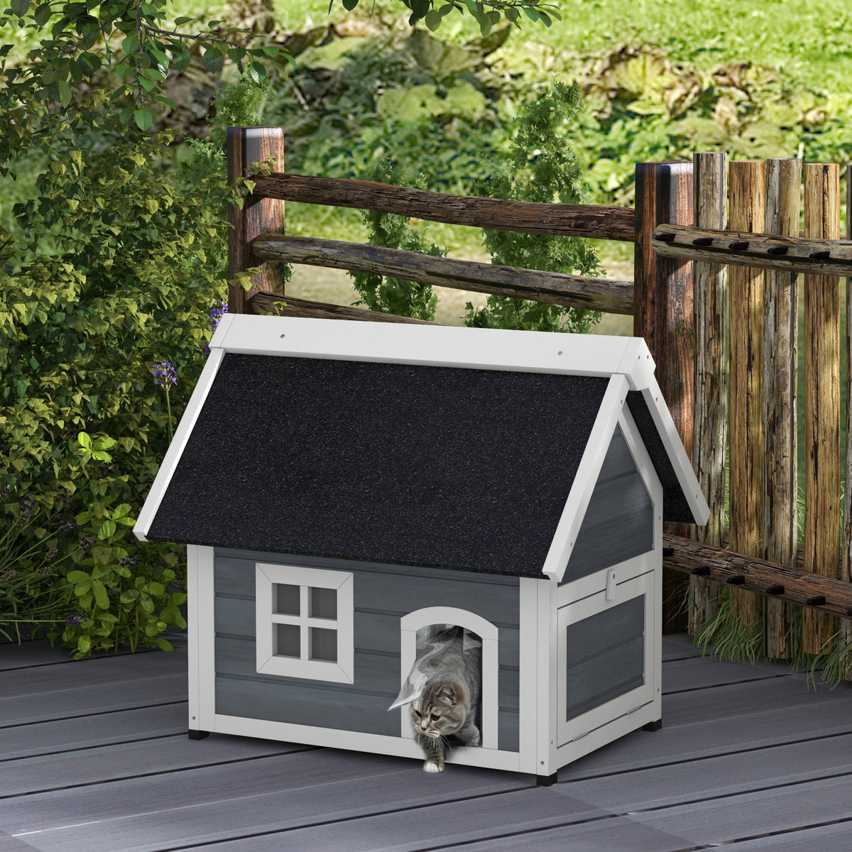 Kattenhuis, weerbestendig, met raam, 77x57,5x68cm (exclusief asfalt dak), grijs/wit/zwart (2)