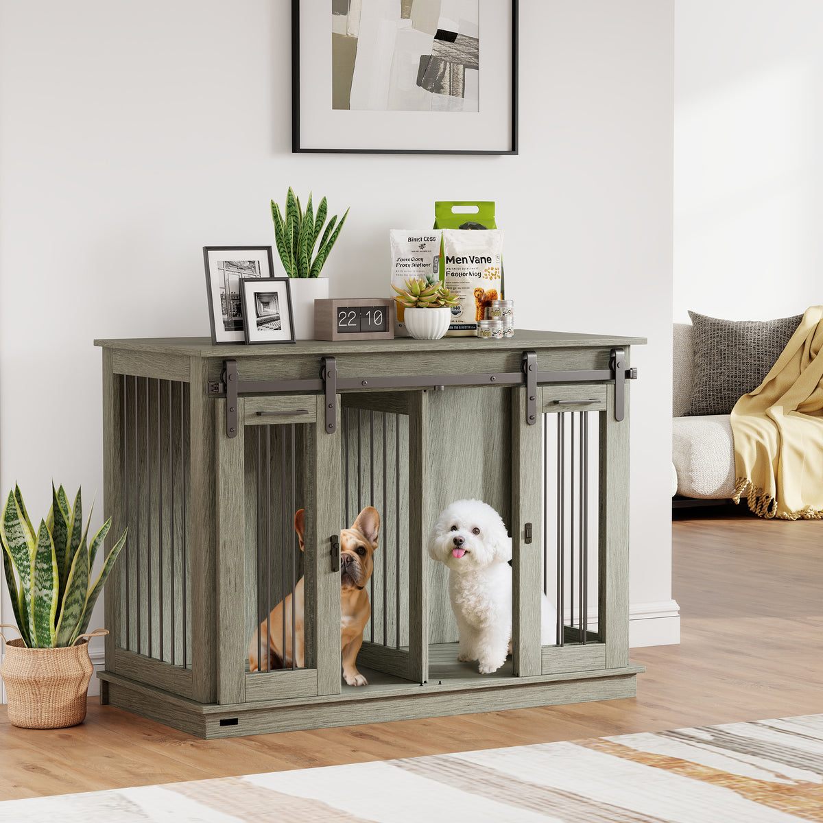 Hondenbench met 2 deuren, hondenkooi, transportbox voor honden, rustiek design, afsluitbaar, grijs (2)
