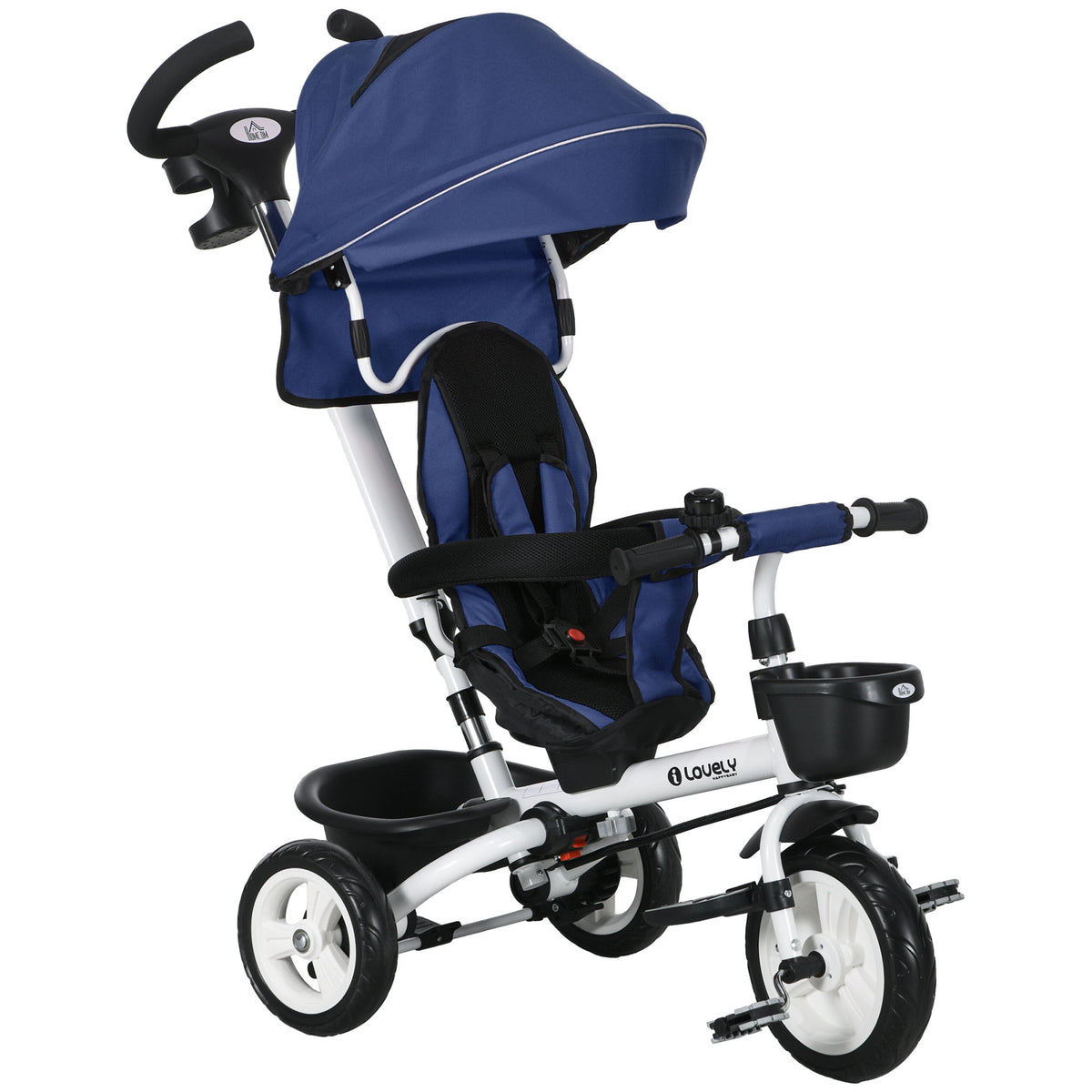6-in-1 kinderdriewieler met duwstang, dak, gordel, opbergmand, 18+ maanden, donkerblauw