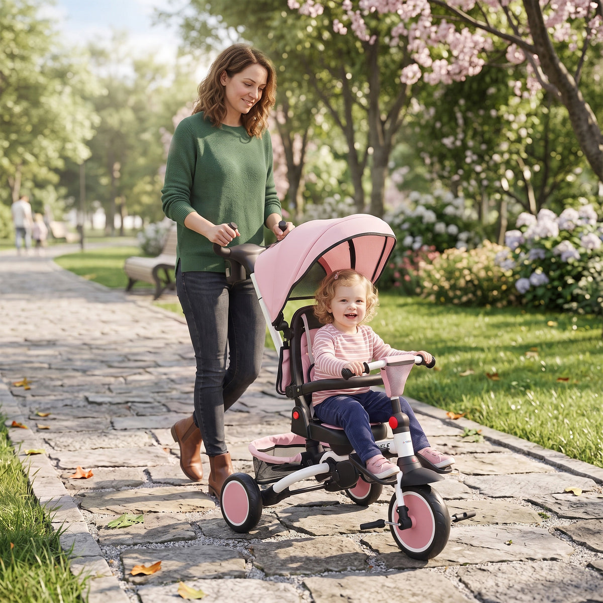 Kinderdriewieler, 6-in-1 buggy voor peuters, met duwstang, verstelbare zitting, inklapbaar ontwerp (2)
