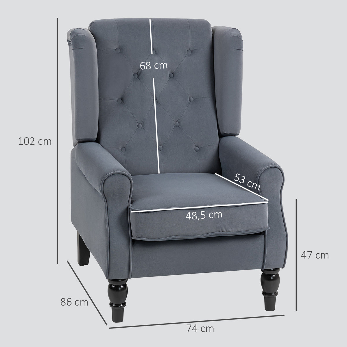 Oorfauteuil relaxfauteuil fauteuil, vintage design, knoopstiksel, gedraaide poten, 74 cm x 86 cm x 102 cm, grijs (3)
