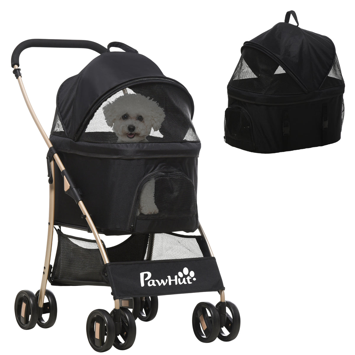 2-in-1 hondenwagen en transportmand tot 10 kg inklapbaar gaasvenster bodemmand 82 cm x 49,5 cm x 98 cm zwart