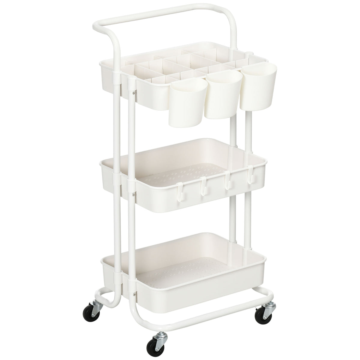 Rolwagen, serveerwagen, 3 opbergmanden, 3 hangbakjes, 4 haken, metalen frame, 42 x 38 x 86,5 cm, wit