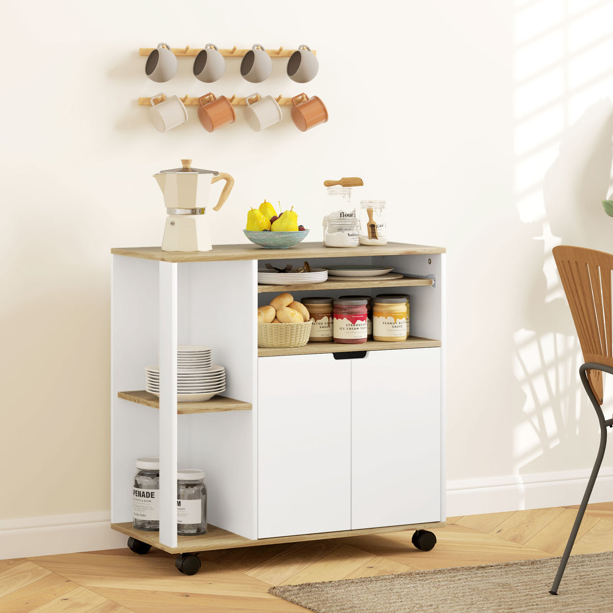 Verrijdbare keukenwagen met opbergruimte, kast, verstelbare planken, voor keuken, woonkamer, eetkamer, wit (2)