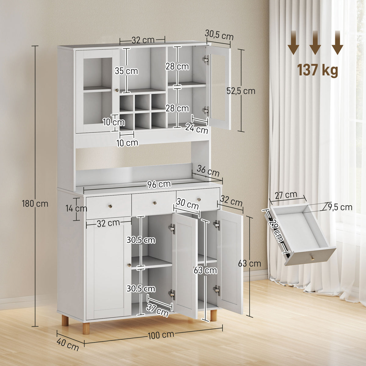 180 cm keukenkast, 2 glazen deuren, 3 lades, 4 verstelbare planken, eetkamerkast, spaanplaat, wit (3)