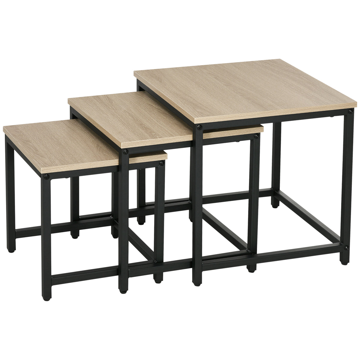Set van 3 salontafels, industrieel design, zwart stalen frame, tafelblad met houtlook