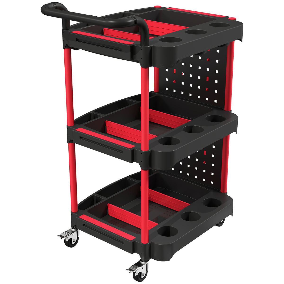 Gereedschapswagen met 3 niveaus, geperforeerde wand en haken, verrijdbare werkplaatswagen met remmen, zwart/rood
