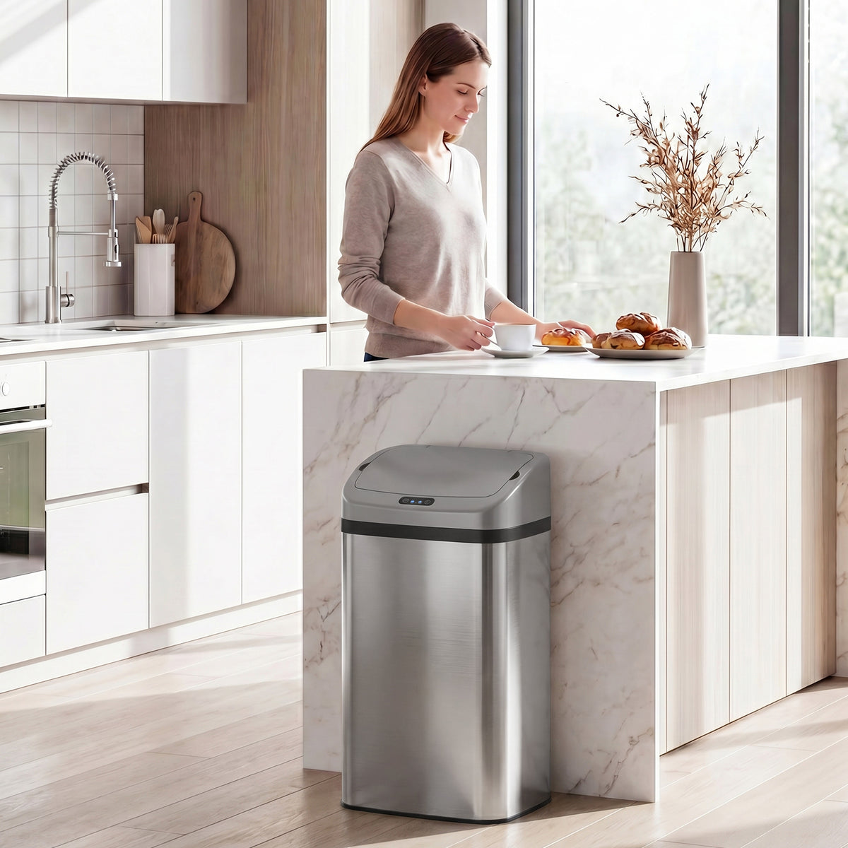 48 L sensor-afvalemmer voor keuken of kantoor, automatische sluitfunctie, roestvrij staal, zilvertint (2)