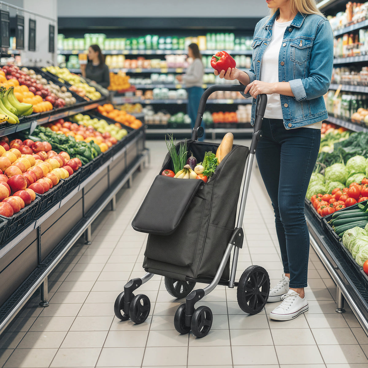 Boodschappentrolley, tas van 46 liter, opvouwbare boodschappenwagen met koeltas, verstelbare handgreep (2)