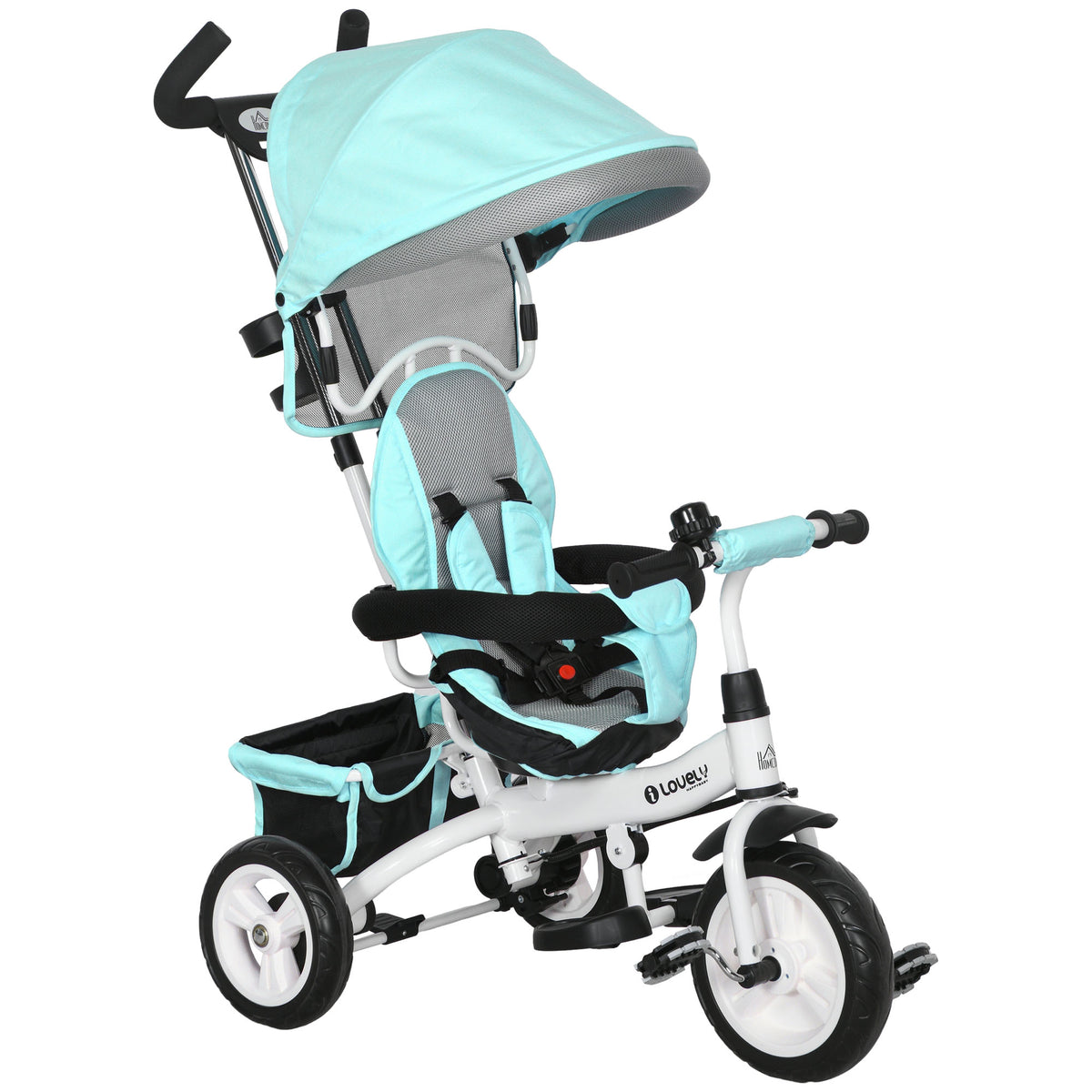 6-in-1 kinderdriewieler met duwstang, zonnekap, veiligheidsgordel, opbergmand, voor 1-5 jaar, groen