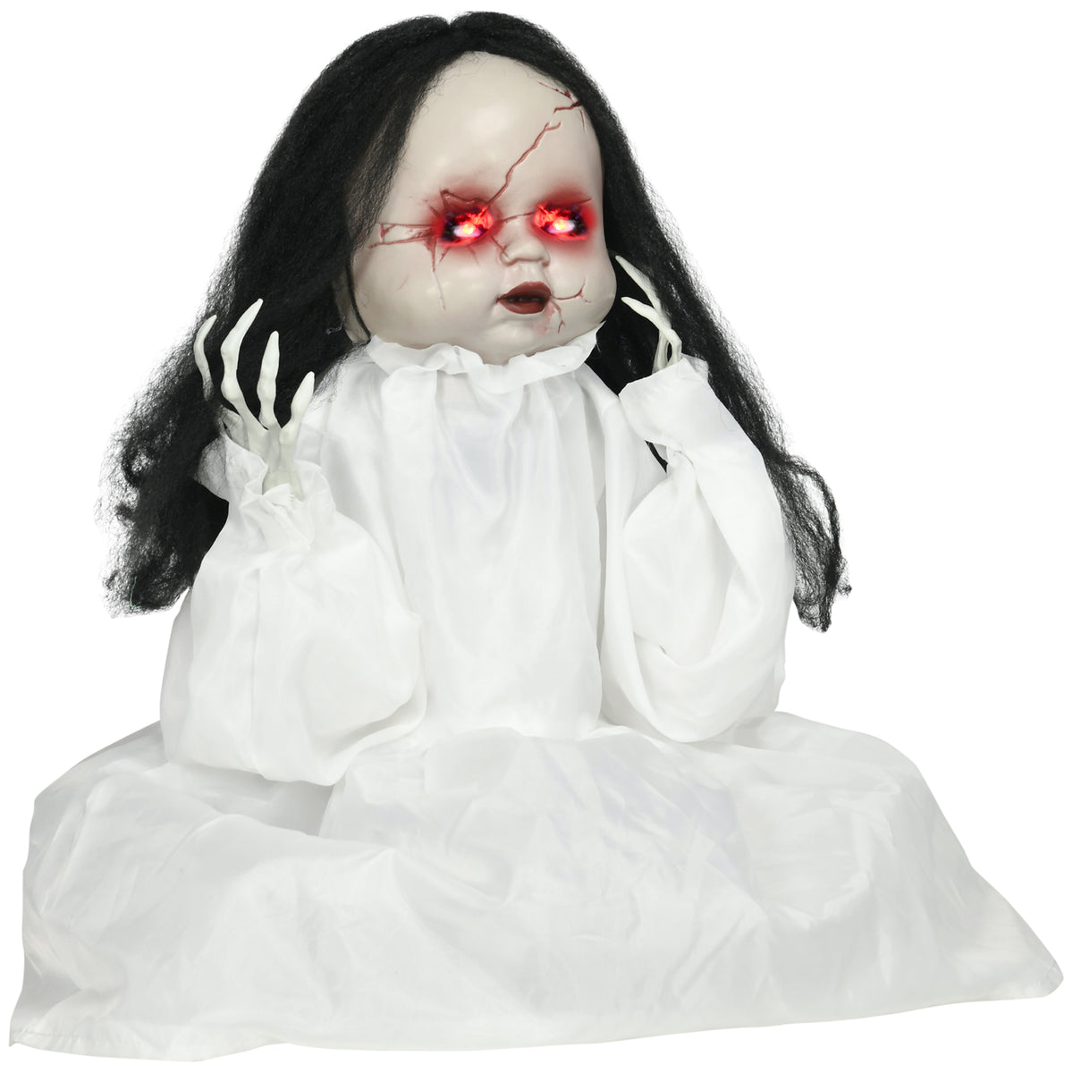 Halloween-decoratie horrorpop, led-ogen, huilt, springt omhoog, geluids- & bewegingssensor, 60 cm