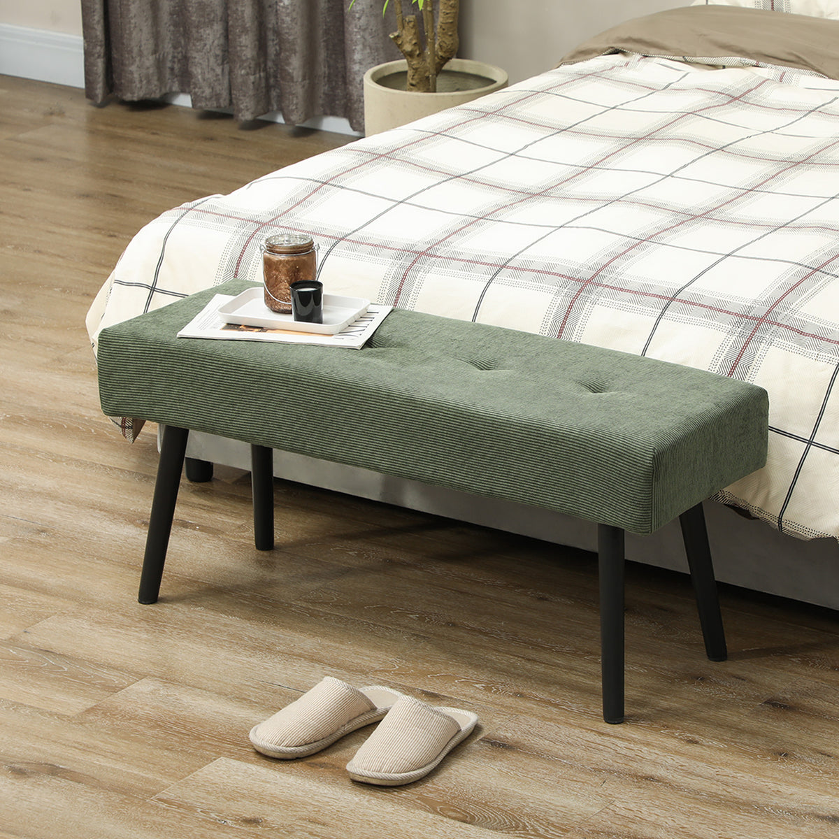 Gestoffeerde bank met ribfluwelen bekleding, bedbank met metalen poten, schoenenbank 100 x 36 x 45 cm groen (9)