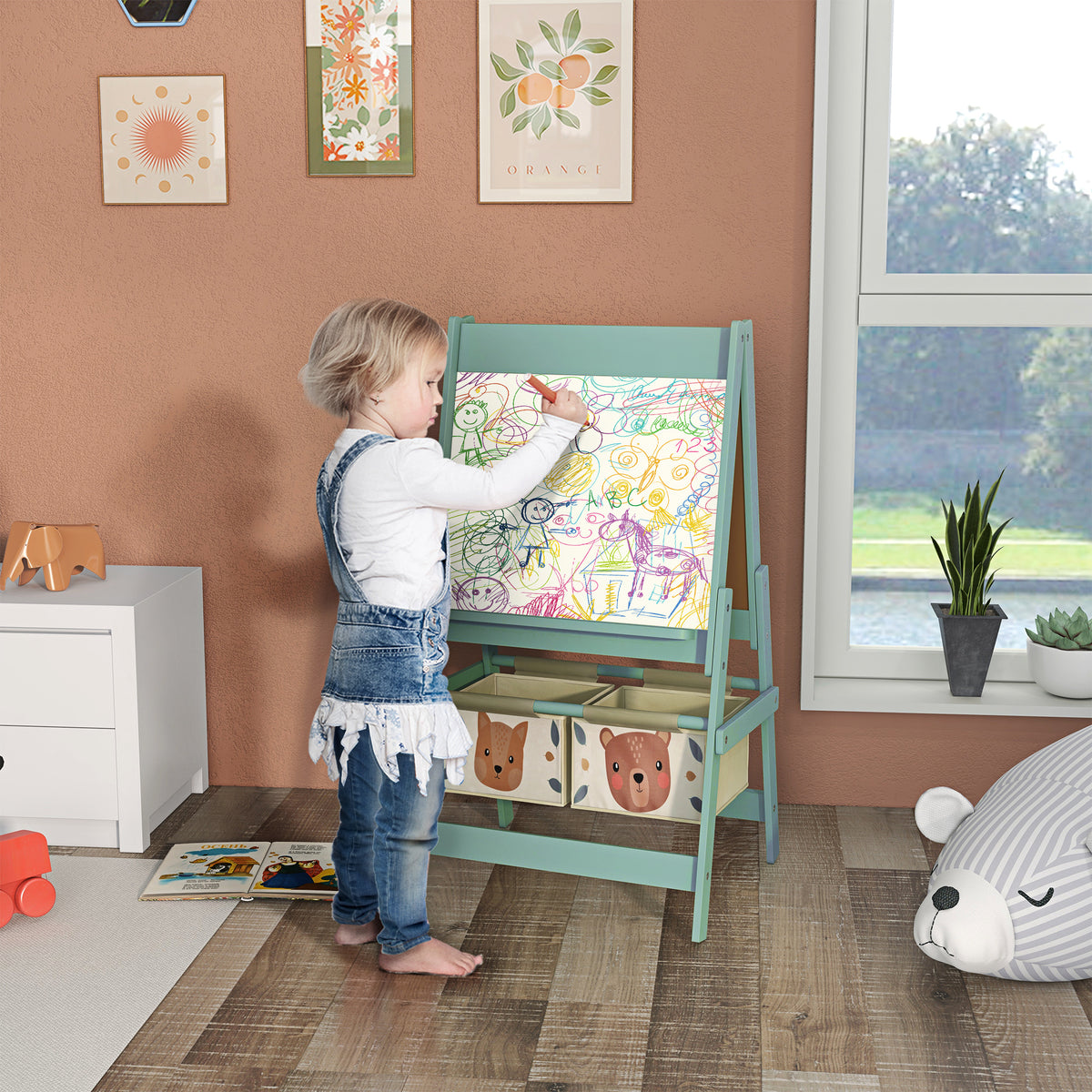 3-in-1 kinder-ezel met papierrol, krijtbord, whiteboard, opbergmanden, 54 x 46,5 x 93 cm, groen (2)