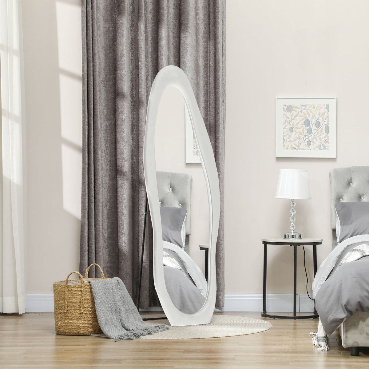 Passpiegel, golvende vorm, 160 x 50 cm, vrijstaand, fluweelachtige omlijsting, slaapkamer, woonkamer, wit (2)