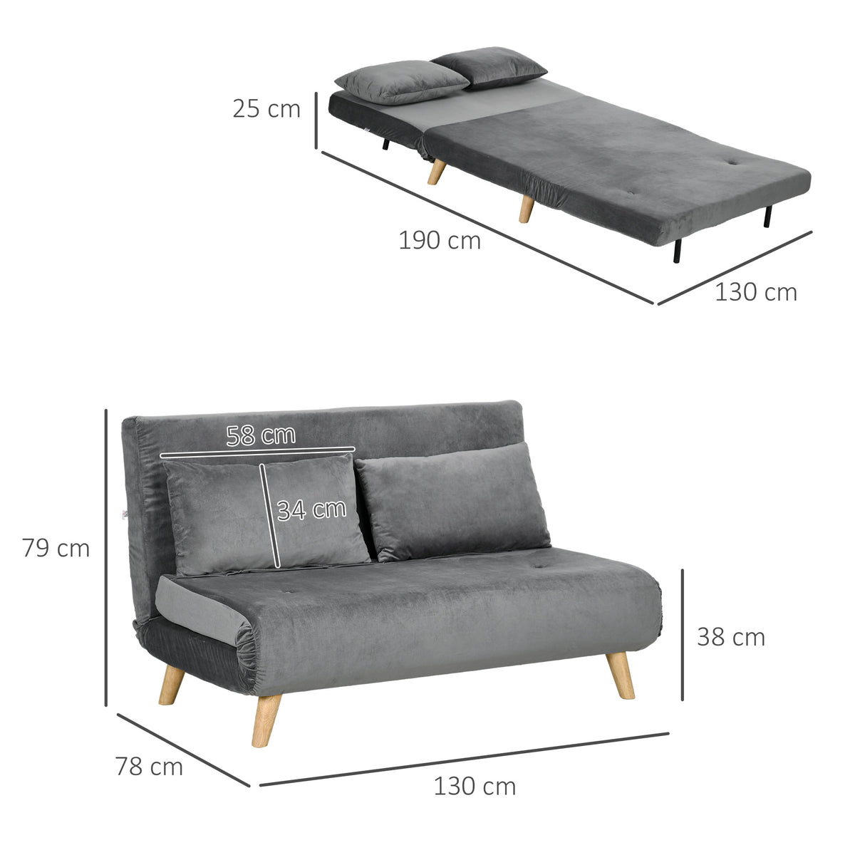 Slaapbank relaxbank bank, incl. 2 kussens, fluweeloptiek, 130 x 78 x 79 cm, grijs (3)