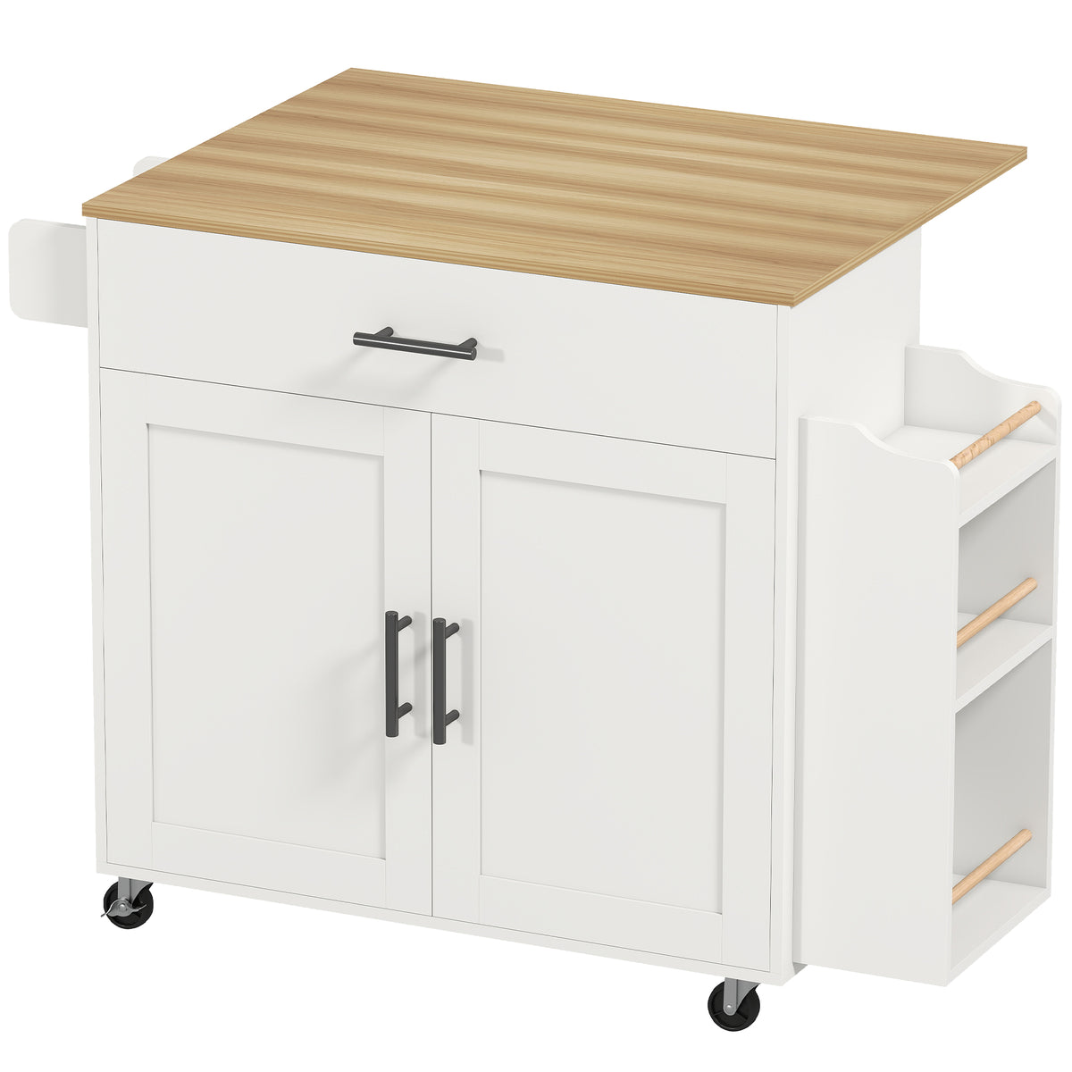 Keukeneiland, keukenwagen op wielen, met uitklapbaar werkblad, lade, plank, 120 x 68 x 85 cm, wit