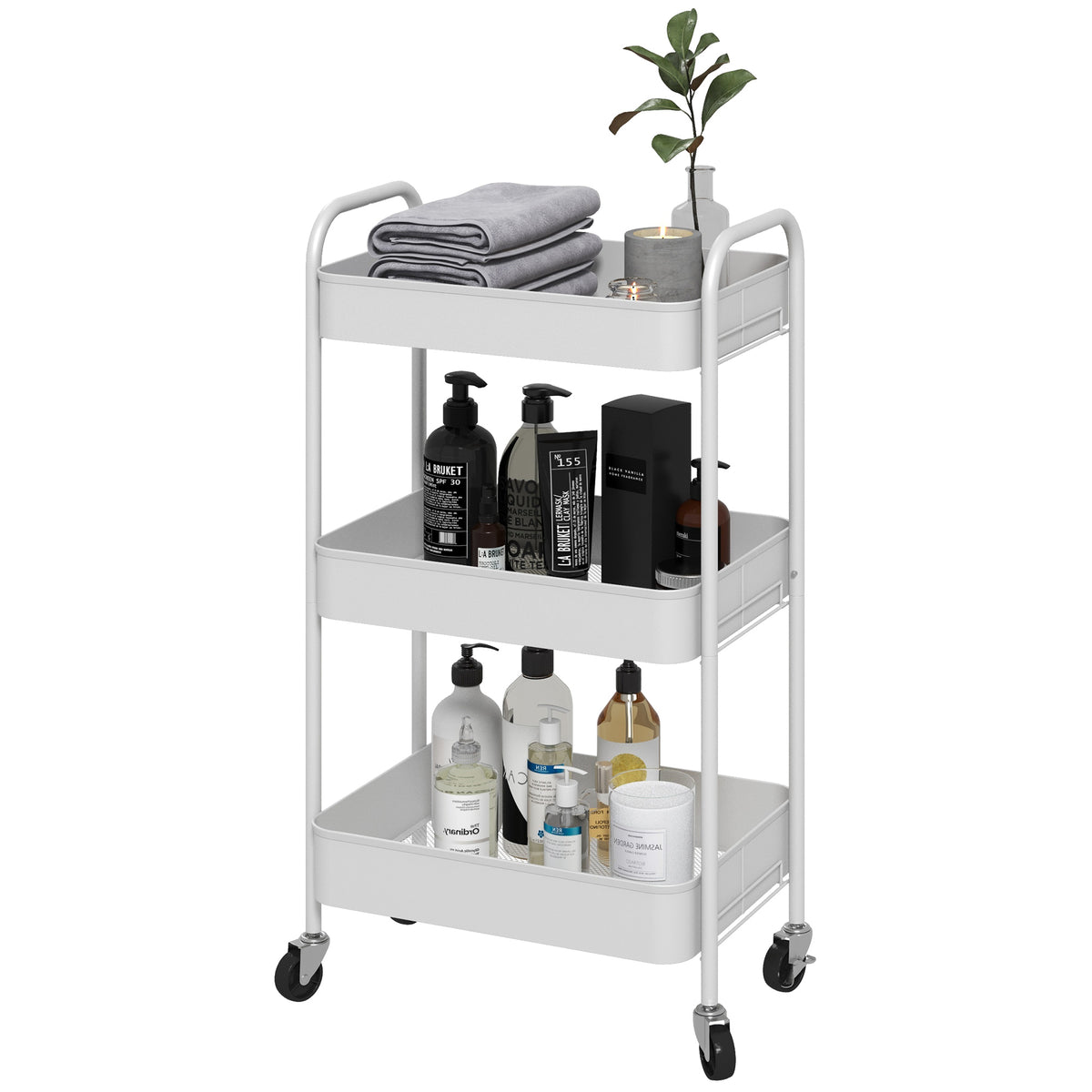 Multifunctionele wagen rolwagen keukentrolley, 3 planken, 4 wielen, 45 cm x 30,6 cm x 79 cm, Wit