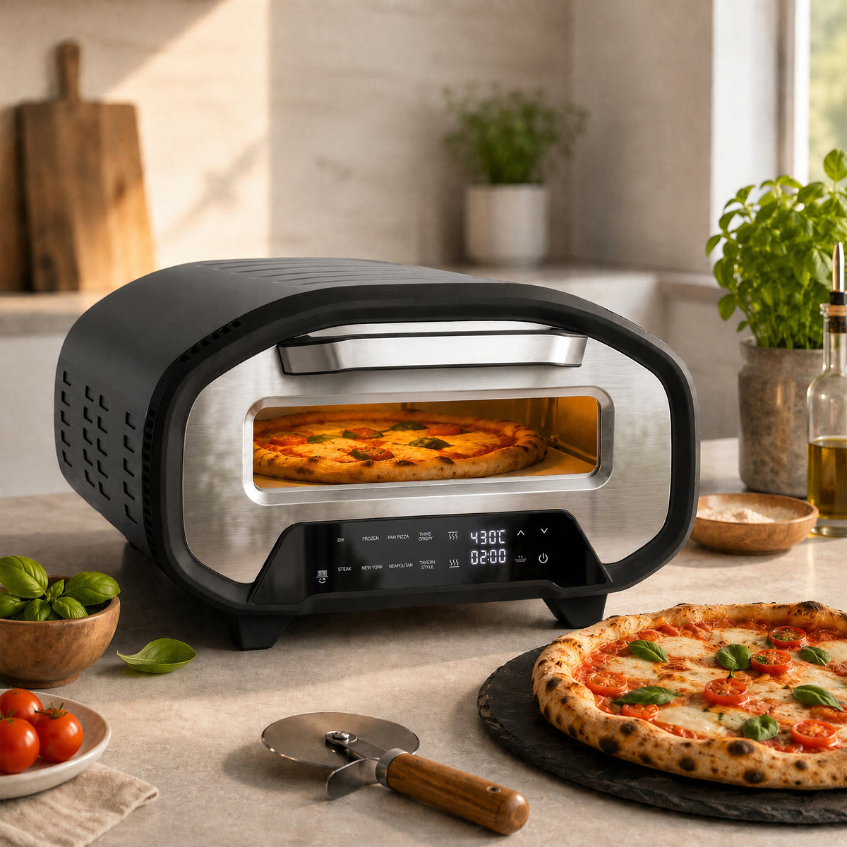 Pizzaoven voor binnen, 12 inch elektrische pizzaoven met 8 programma's, 430 °C, timer, keramische steen, 2200 W (2)