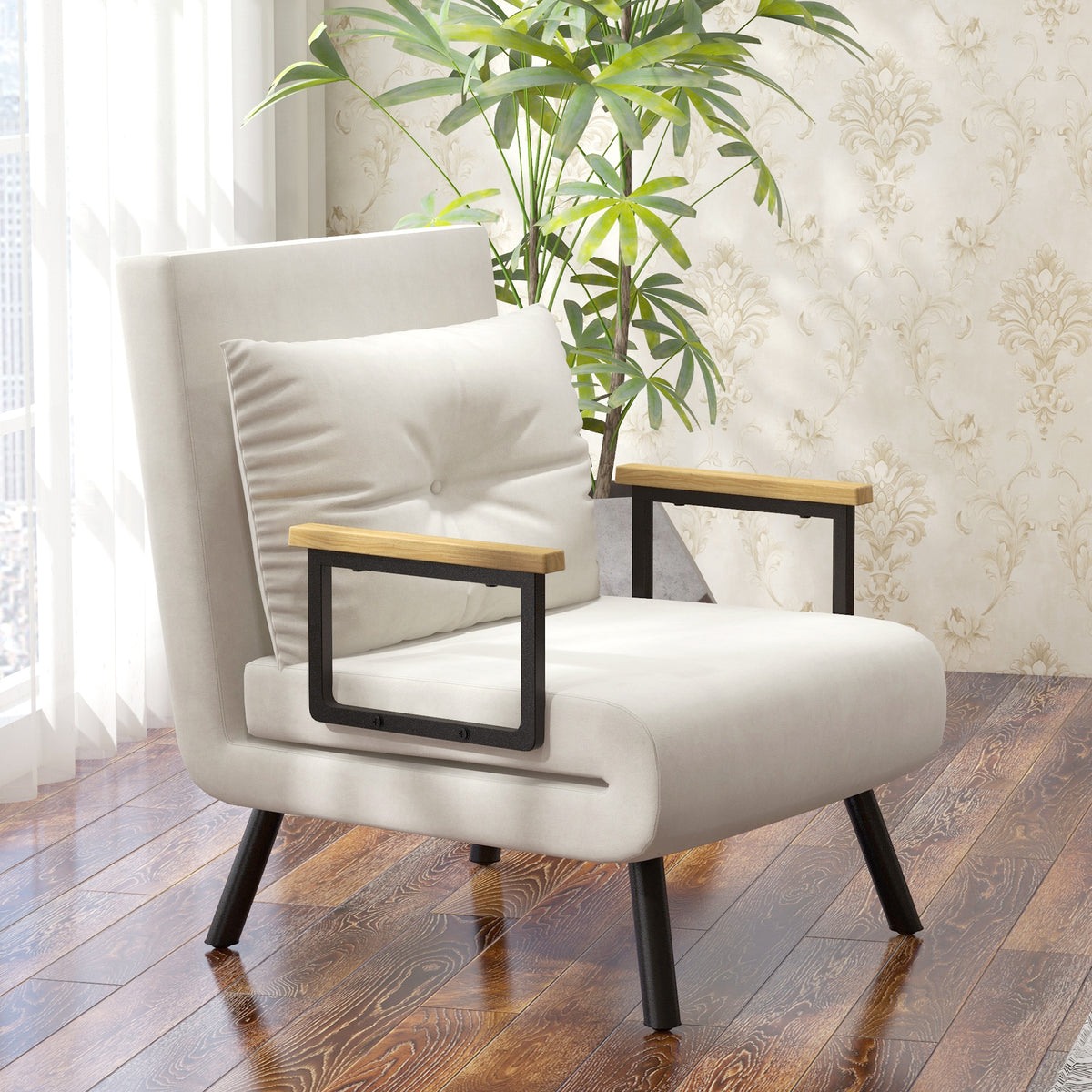 Relaxfauteuil in Scandinavisch design, ligstoel, leesfauteuil. Incl. kussen met knoopstiksel, crèmewit (2)