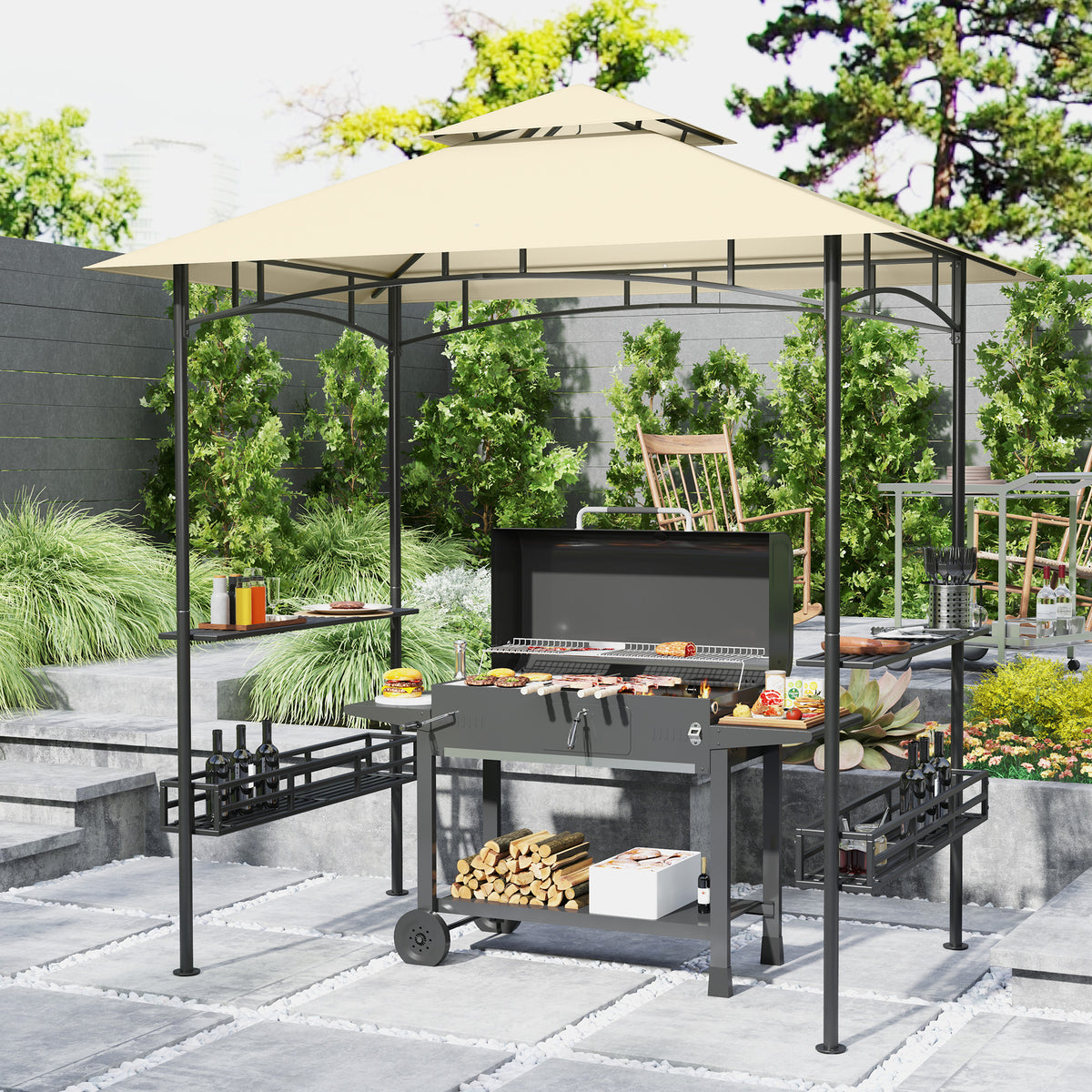 Griltent, BBQ-tent, tuinpaviljoen met 2 planken, opbergmanden, haken, voor terras, beige (2)