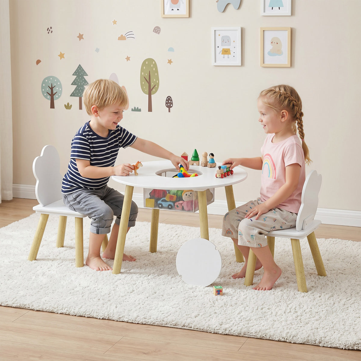 Kindertafel met stoeltjes en opbergruimte, 3-delige kindermeubelset in wit en naturel voor speelkamer en (2)