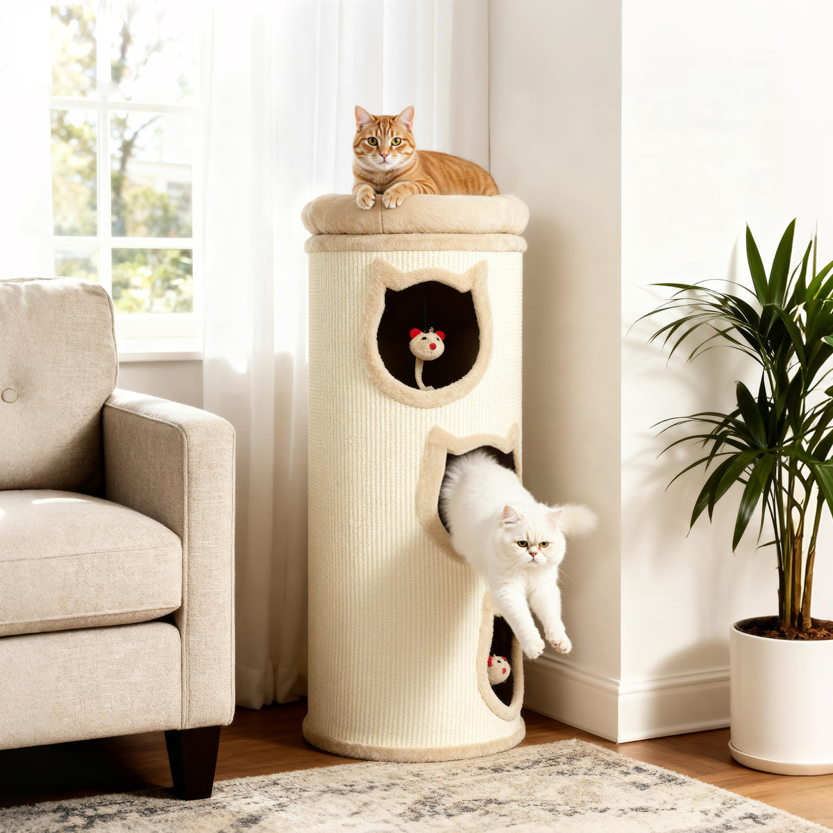 Krabton, 96 cm, 4-laagse kattentoren met wasbaar bed, 3 slaapholen, hangend speelgoed, voor meerdere katten (10)