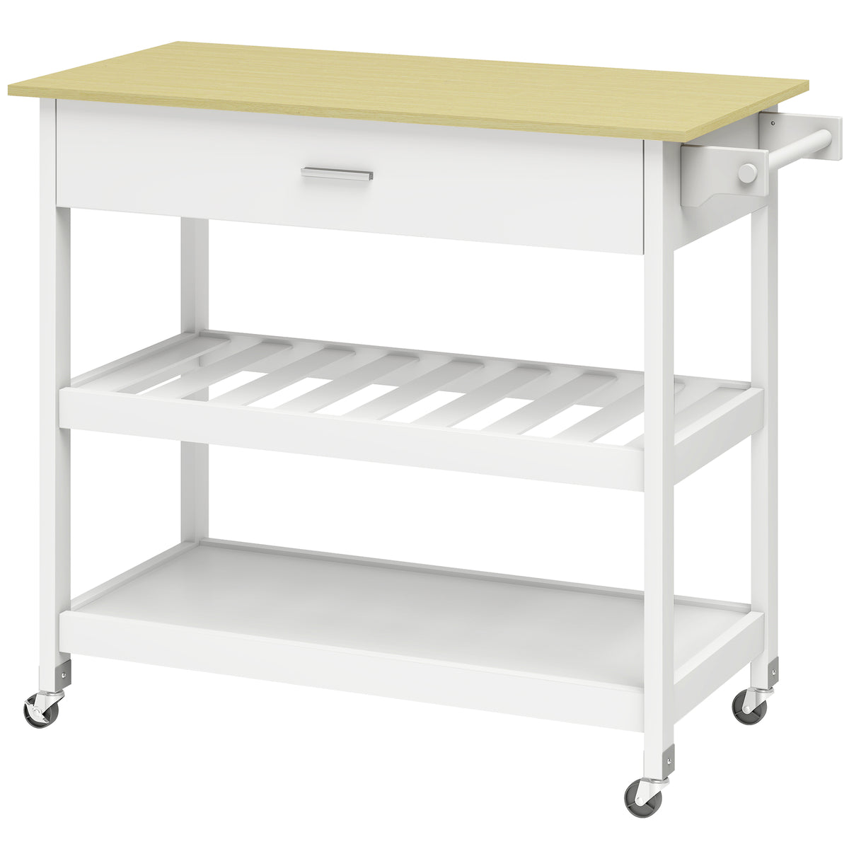 Keukenwagen met opbergruimte, rijdend kookeiland met groot werkblad, lade, 2 open planken, handdoekhouder, wit