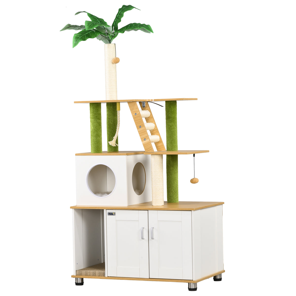 Krabpaal, incl. kast, 1 kattenhol, 80 x 48 x 160 cm, 1 ladder, eiken + wit