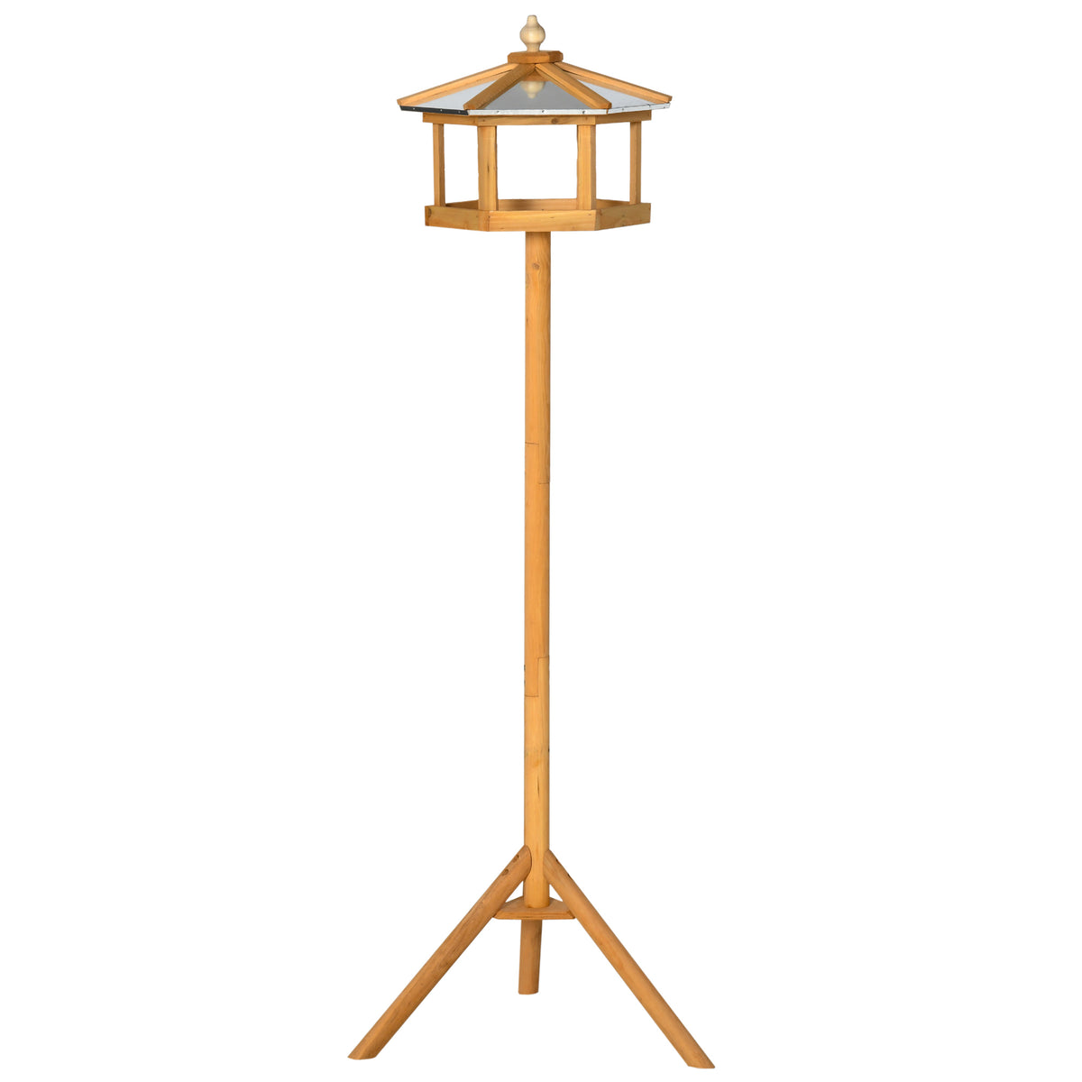 Vogelhuis met standaard hout vogelvoederhuis met platform schuin metalen dak Ø57,7 x 153H cm natuurhout