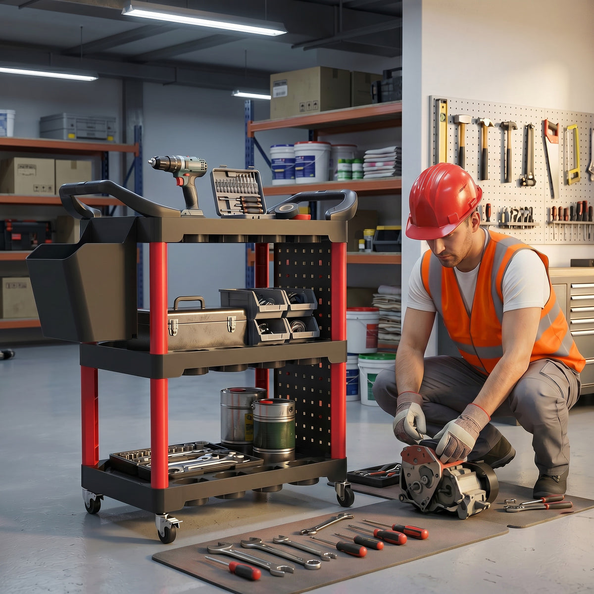 3-laagse gereedschapswagen met geperforeerde wanden, haken en gereedschapsbakken, zwart en rood (2)