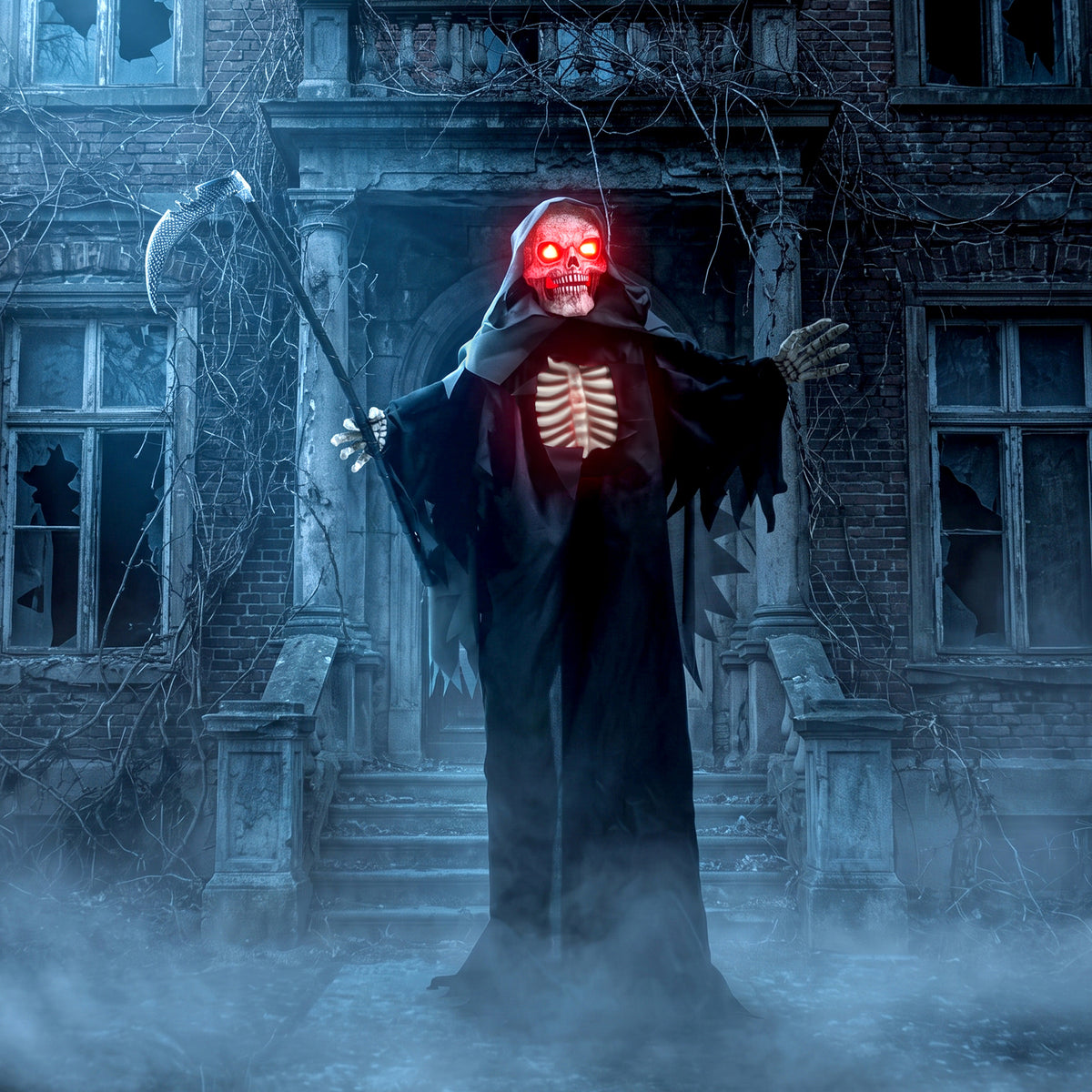 170 cm geanimeerde Magere Hein Halloween-decoratie met geluids- en aanraakactivering, oplichtende ogen en (2)