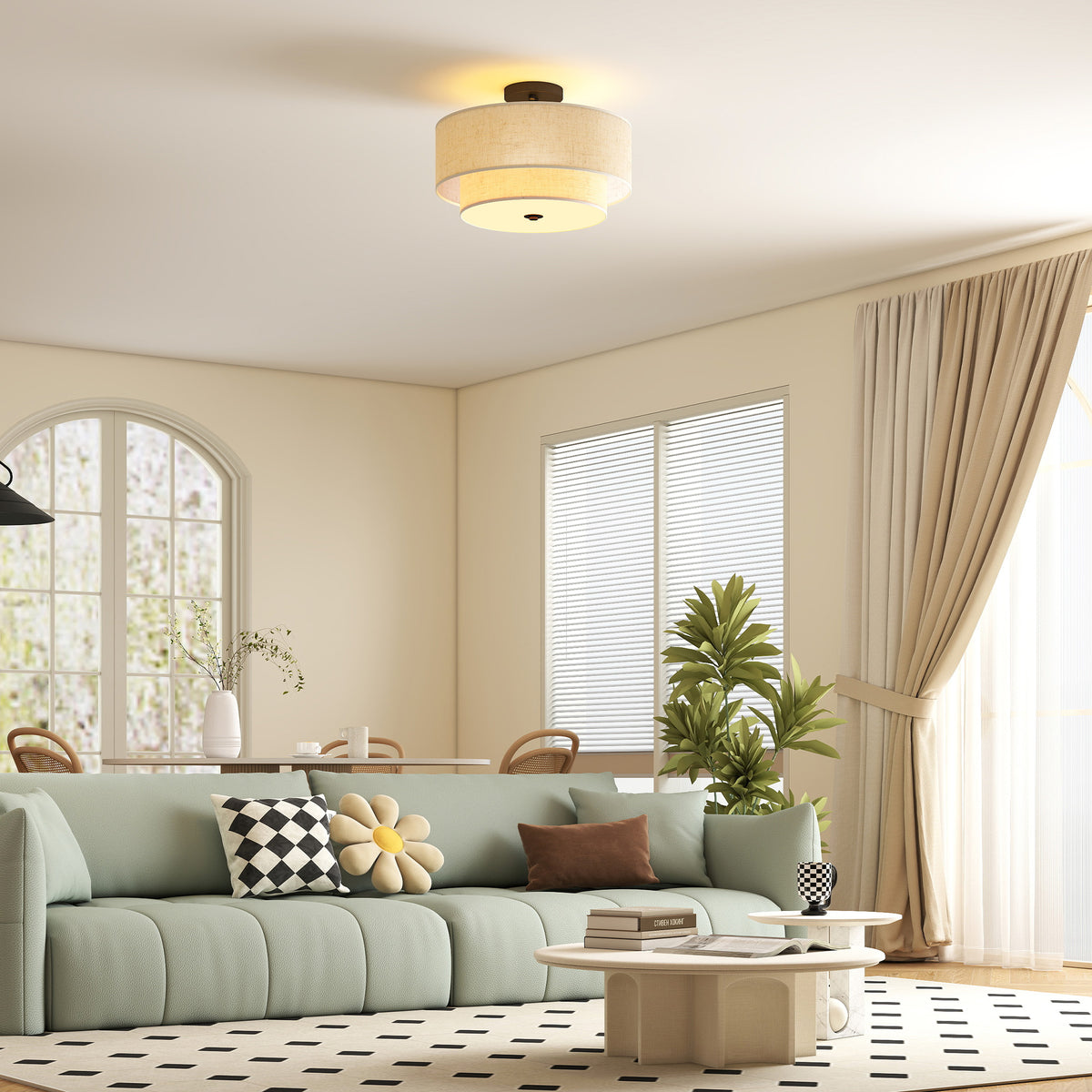 Plafondlamp, hanglamp met dubbele kappen in linnenlook, crèmewit (2)