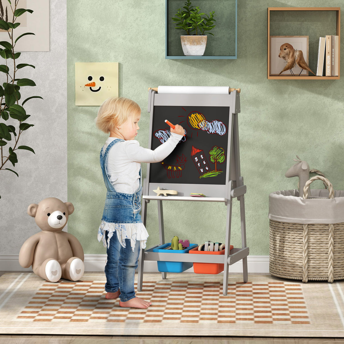 Dubbelzijdige kinderezel met papierrol, krijtbord, whiteboard, 3-in-1-ontwerp, om te tekenen en te schilderen (2)