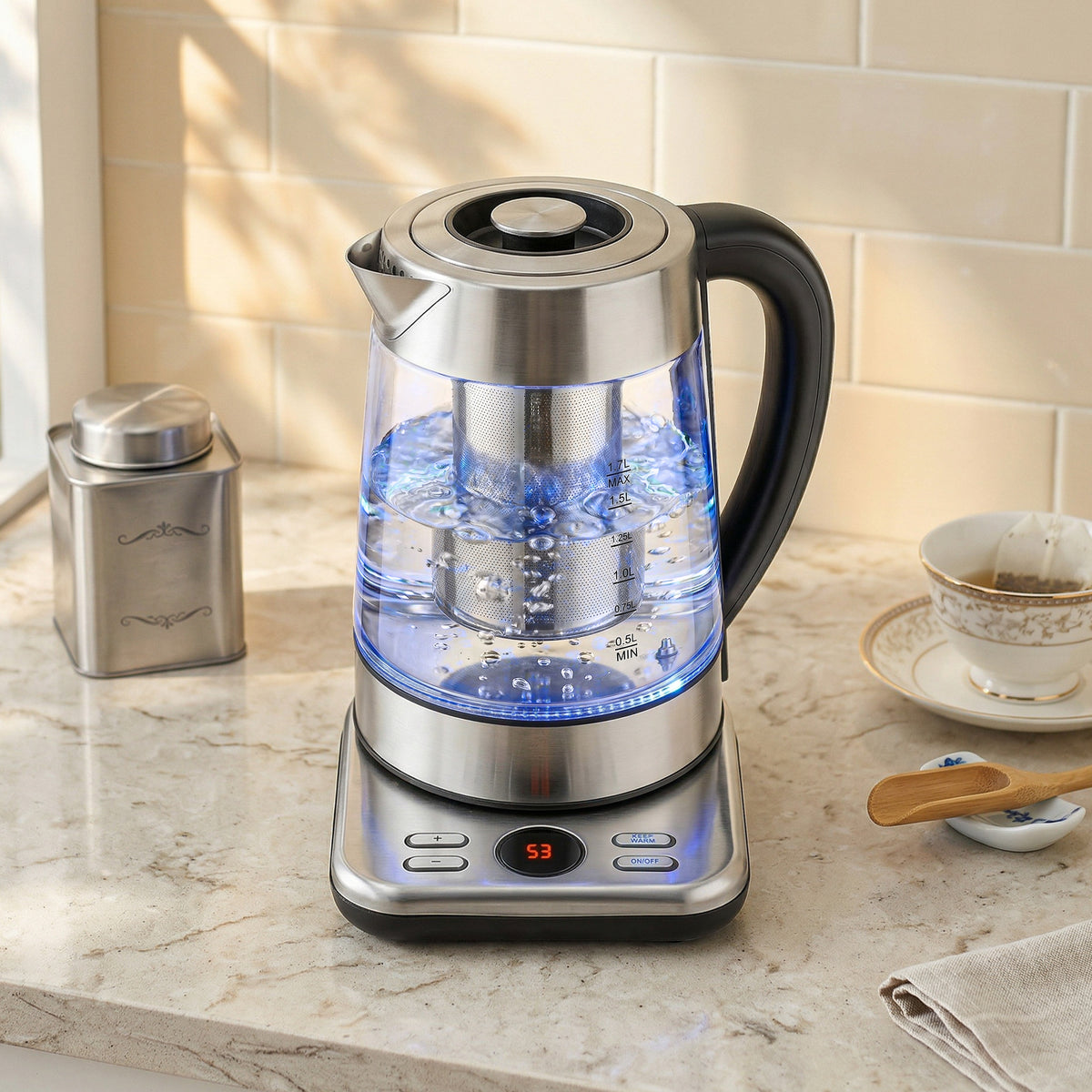 Elektrische waterkoker, 1,7L snelle 2200W waterkoker met UK Strix-thermostaat, theezeef, warmhoudfunctie (2)