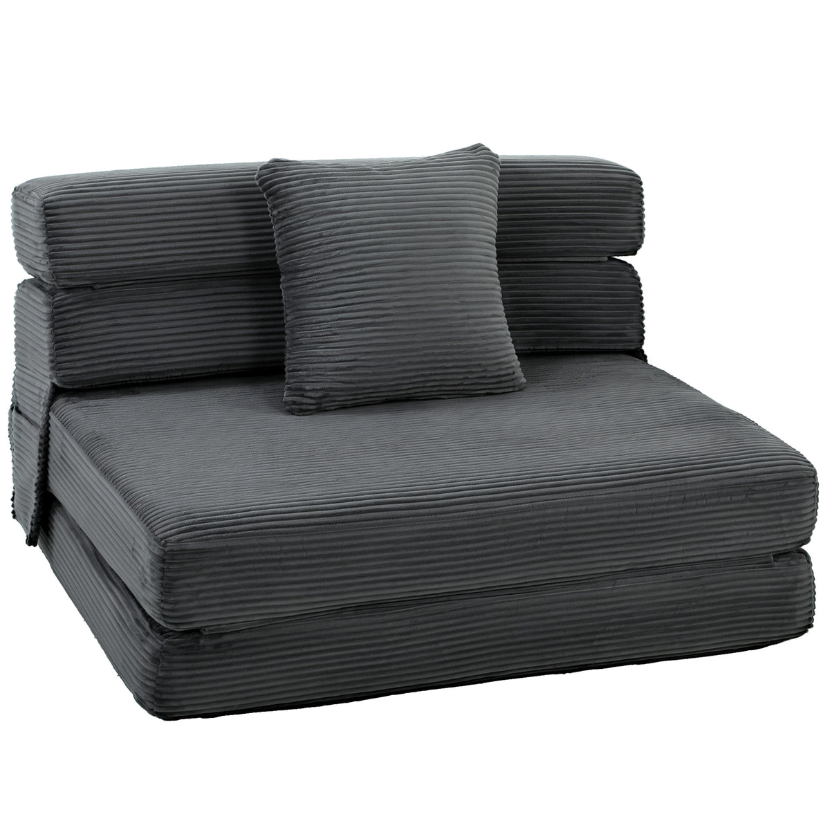 2-in-1 Boneless Cloud vloerstoel, opvouwbare slaapfauteuil met ribstof-look & lendenkussen, donkergrijs
