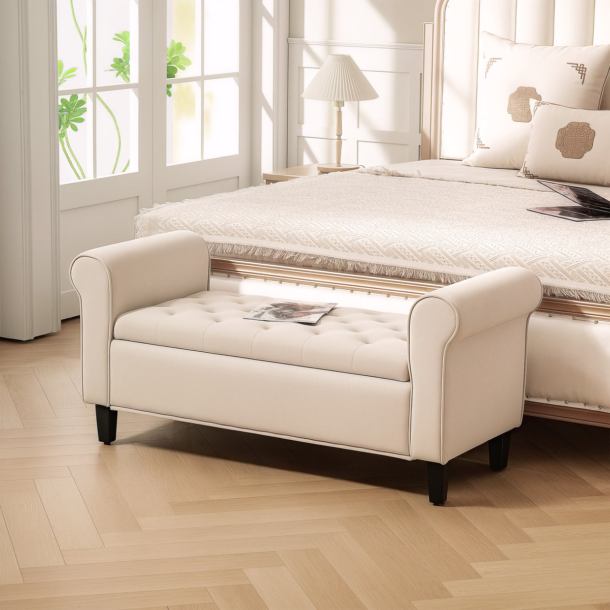 Bank in vintage-design, bank met opbergruimte, fluwelen look, beige (2)