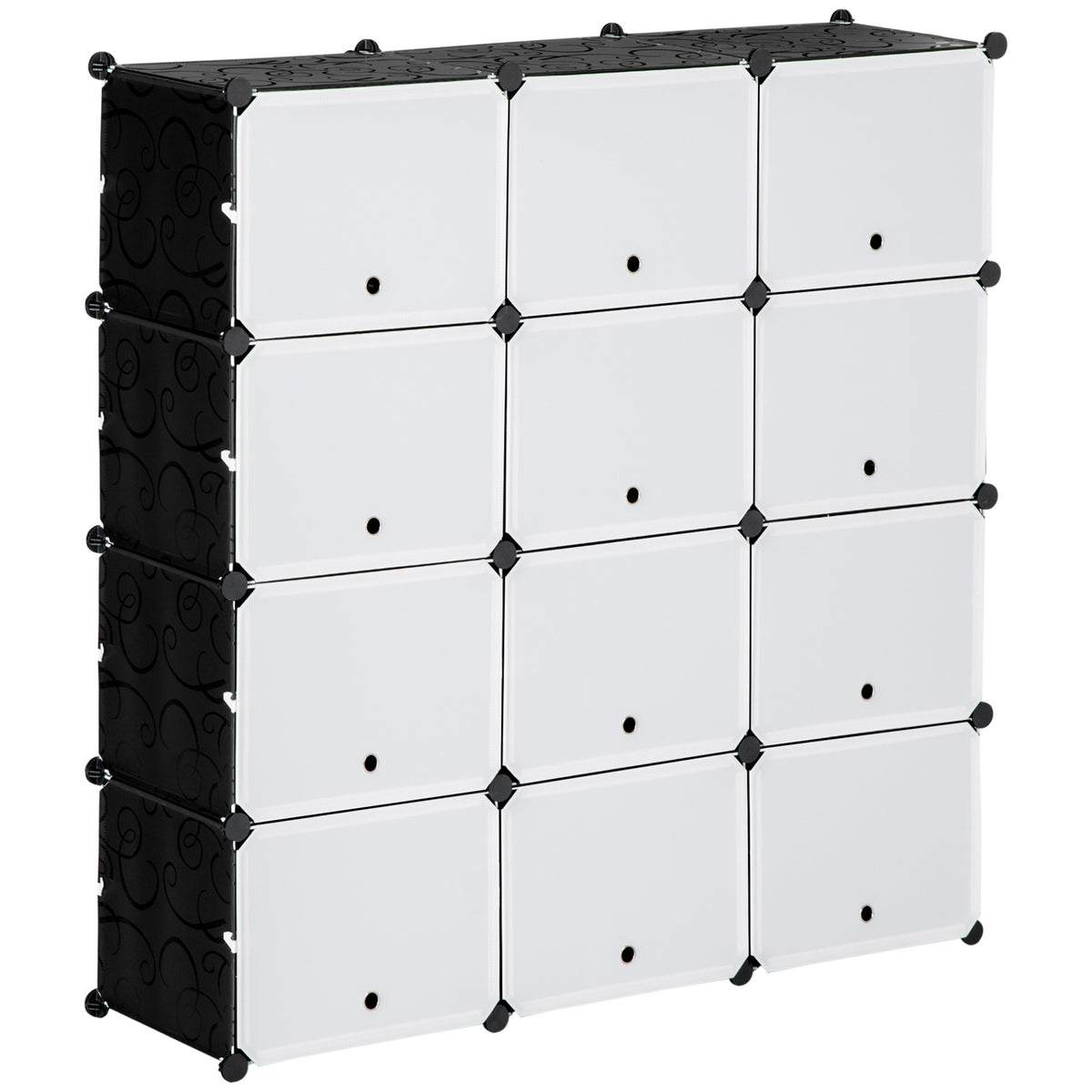 Modulair rekkensysteem, steekrek, samenstelbaar uit 12 kubussen 125 x 32 x 125 cm, kunststof+staal zwart