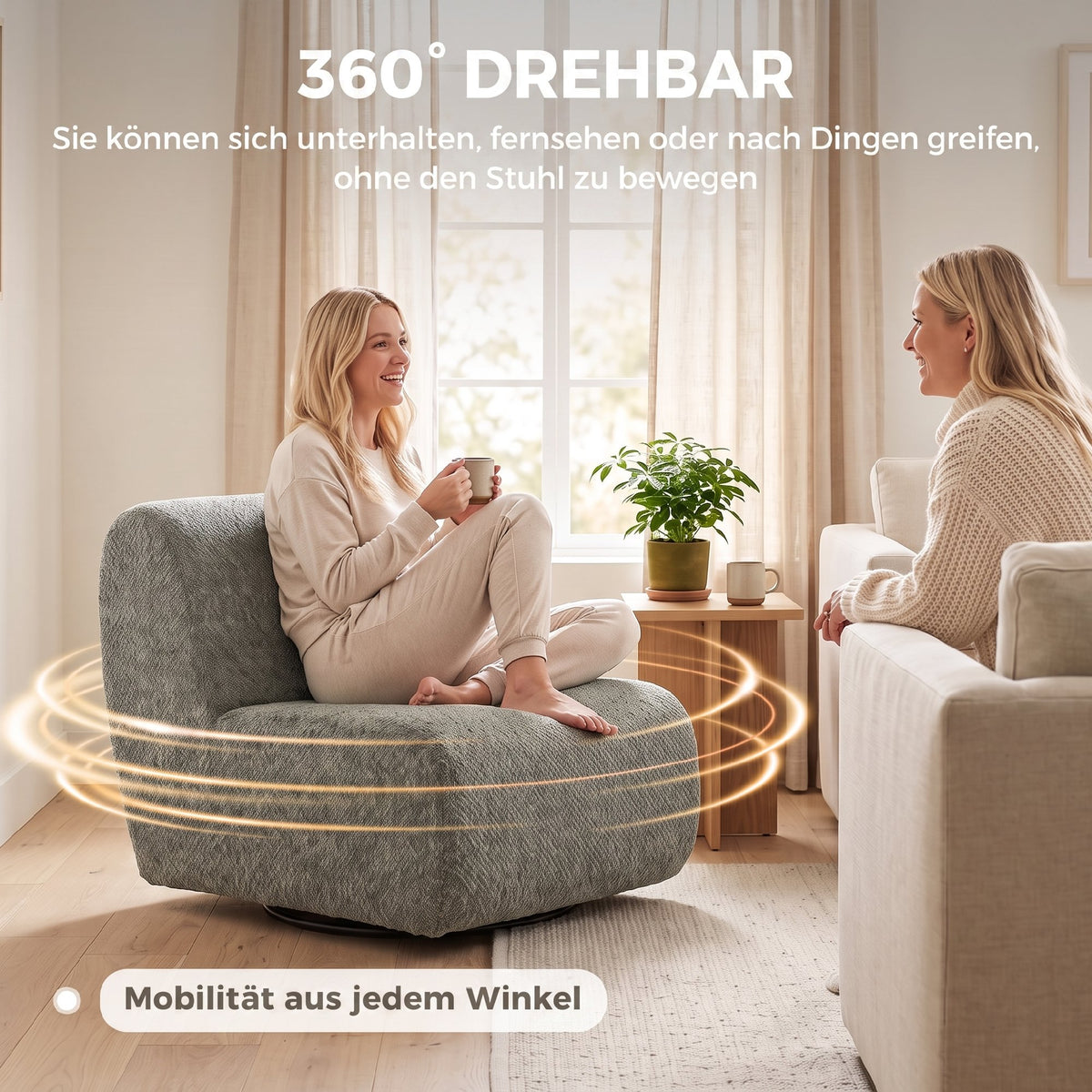 Fauteuil Draaibare loungefauteuil met chenille-look, brede zitting, voor woonkamer, slaapkamer, grijs (6)