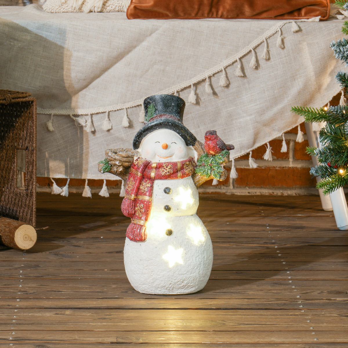 Kerstdecoratie, sneeuwpop met vogel, 4 warmwitte leds, op batterijen, 25 x 15,5 x 38 cm (2)