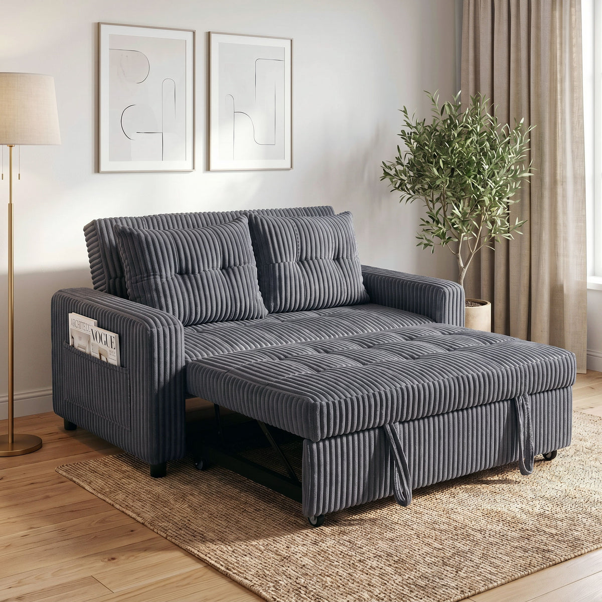 2-zits slaapbank, corduroy bekleding, ombouwbaar tot slaapbank, 2 kussens, zijvakken, 157 x 190 cm, donkergrijs (2)