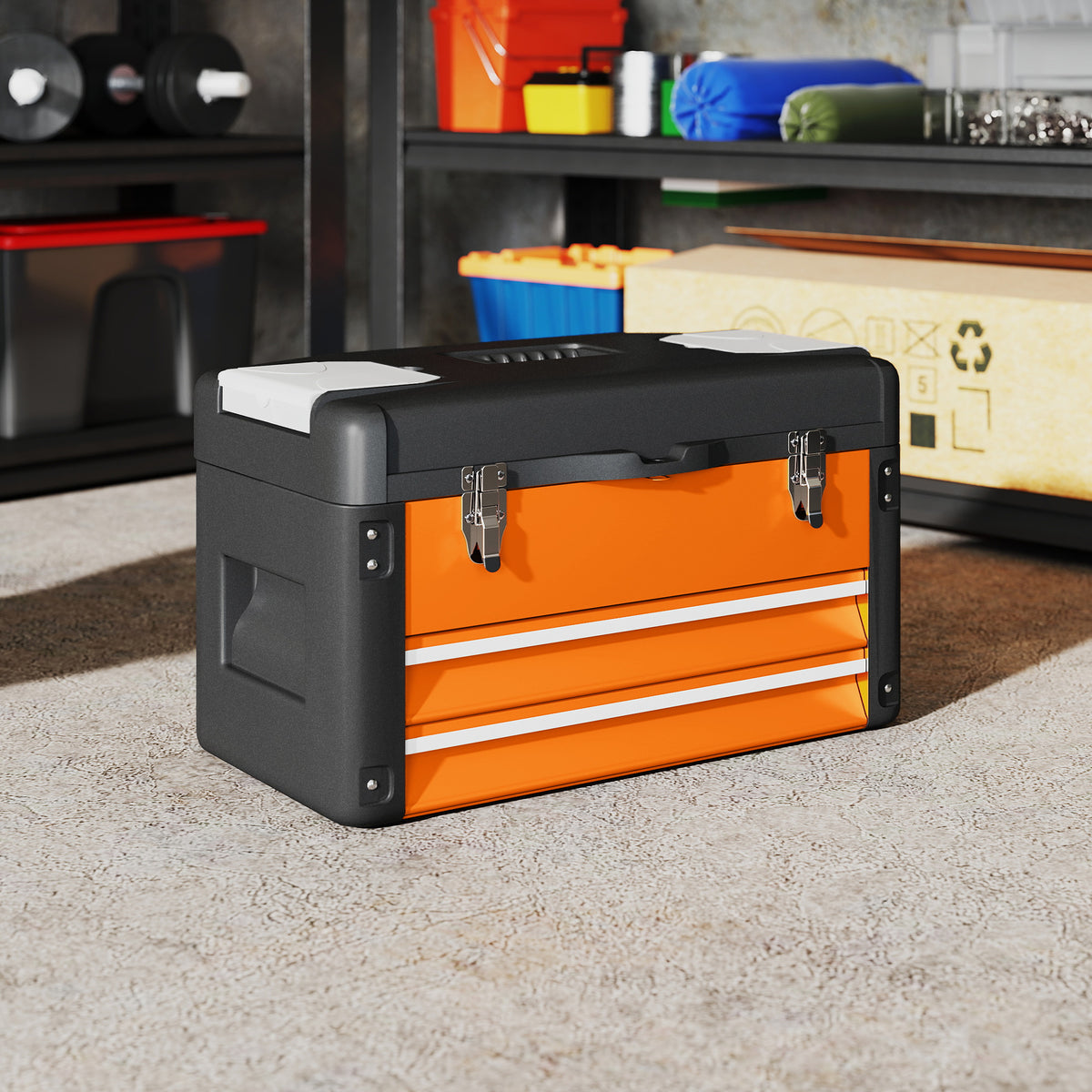 Gereedschapskist leeg, 49,7 x 25,3 x 28,9 cm gereedschapskist met lade, mini-box staal oranje (2)