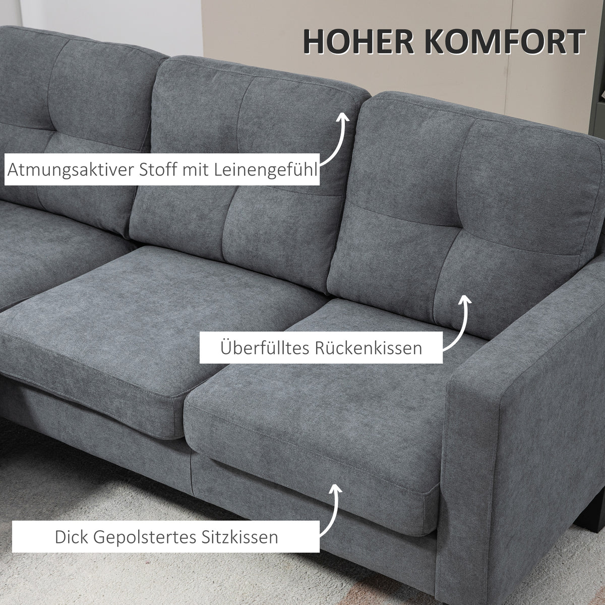 Hoekbank in L-vorm, aan beide zijden monteerbare chaise longue, gestoffeerde bank, donkergrijs (4)