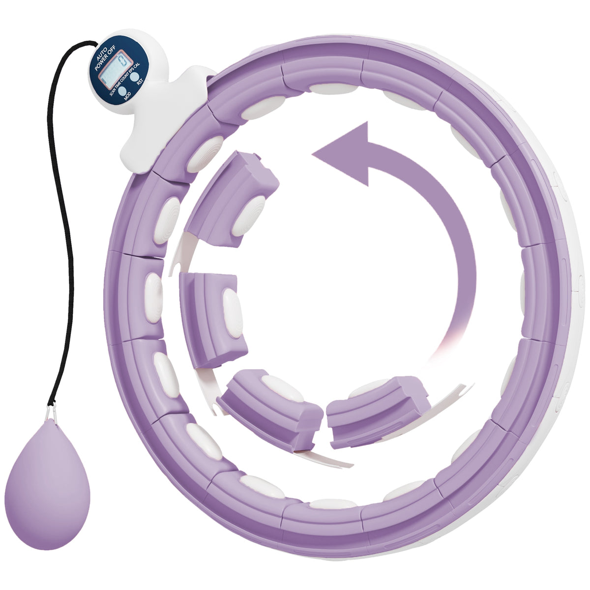 Smart Hula Hoop-band voor volwassenen met gewichtsbal, teller, 16 knopen (76-113 cm), paars