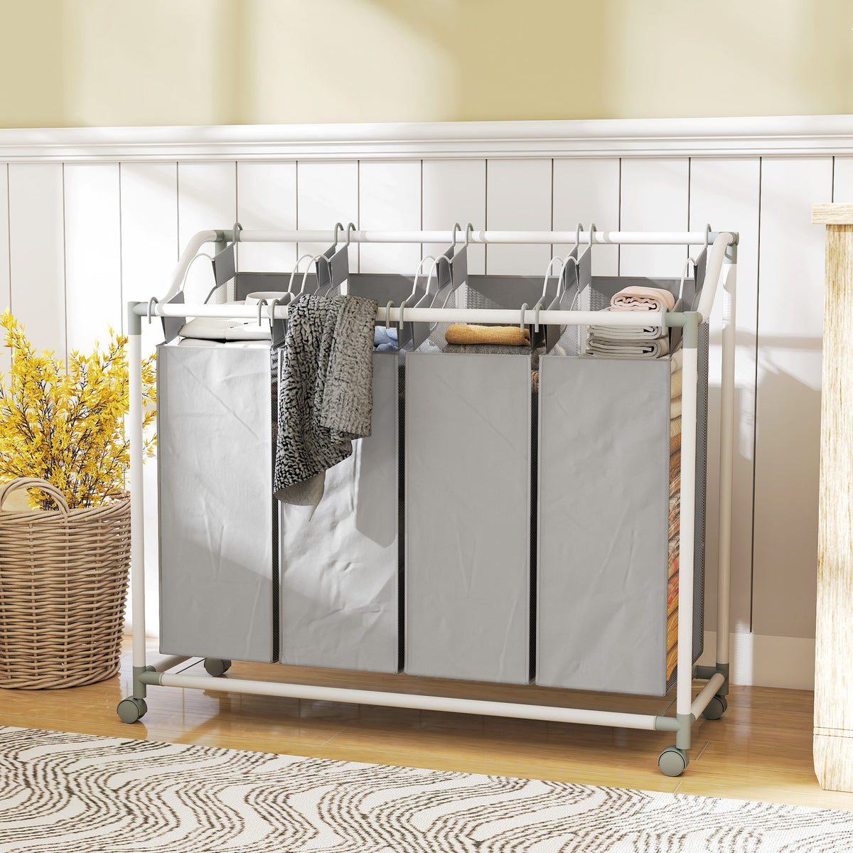 Wasmand met 4 vakken 160 L wasverzamelbak met wielen, uitneembare waszak, 97 x 38 x 81 cm, grijs (2)