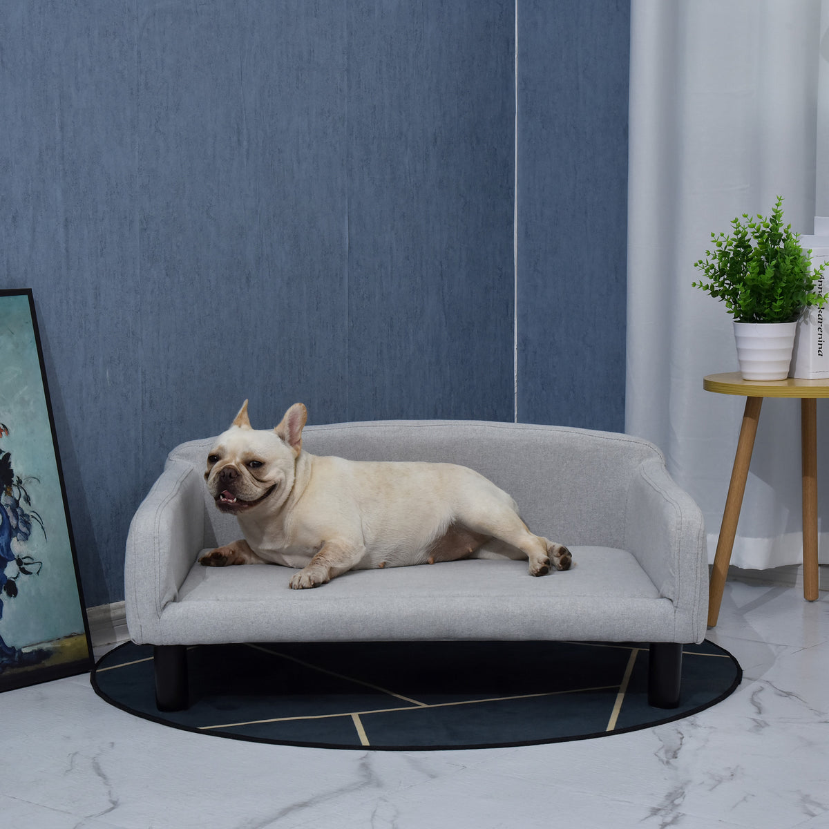 Fluwelen hondenbank met rugleuning hondenbed houten poten voor middelgrote honden 82 x 54 x 36 cm lichtgrijs (2)