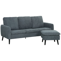 Hoekbank, 3-zitsbank met voetenbank, stoffen bekleding, L-vormige bankset, donkergrijs