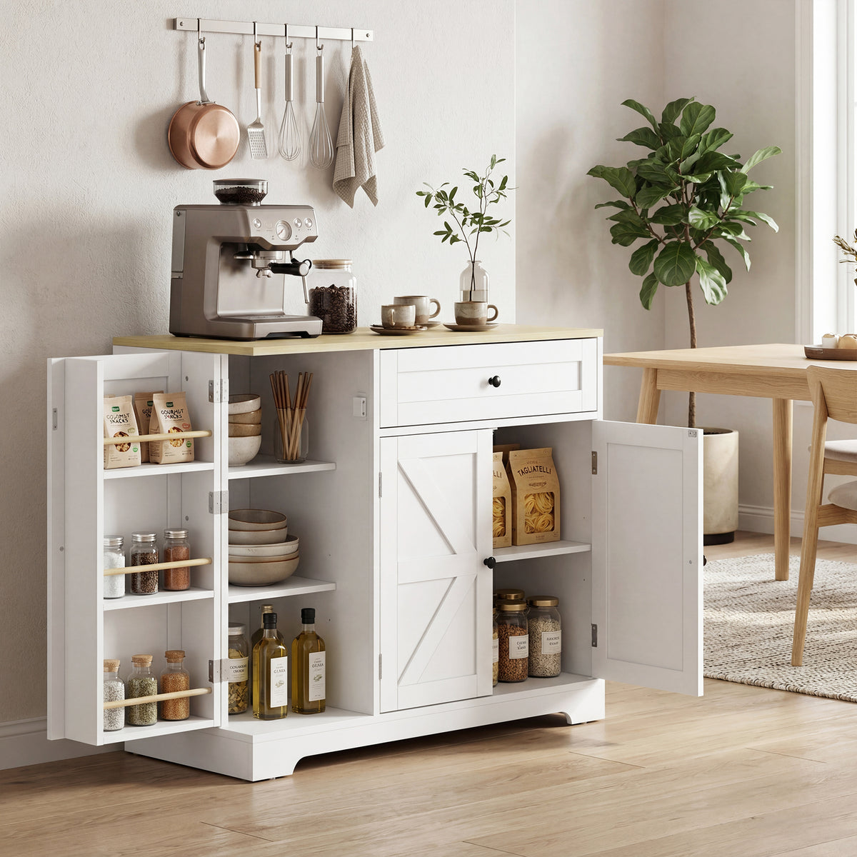 Dressoir, landelijke keukenkast met schuifdeuren, 1 lade, 2 verstelbare legplanken, deurvakken (2)