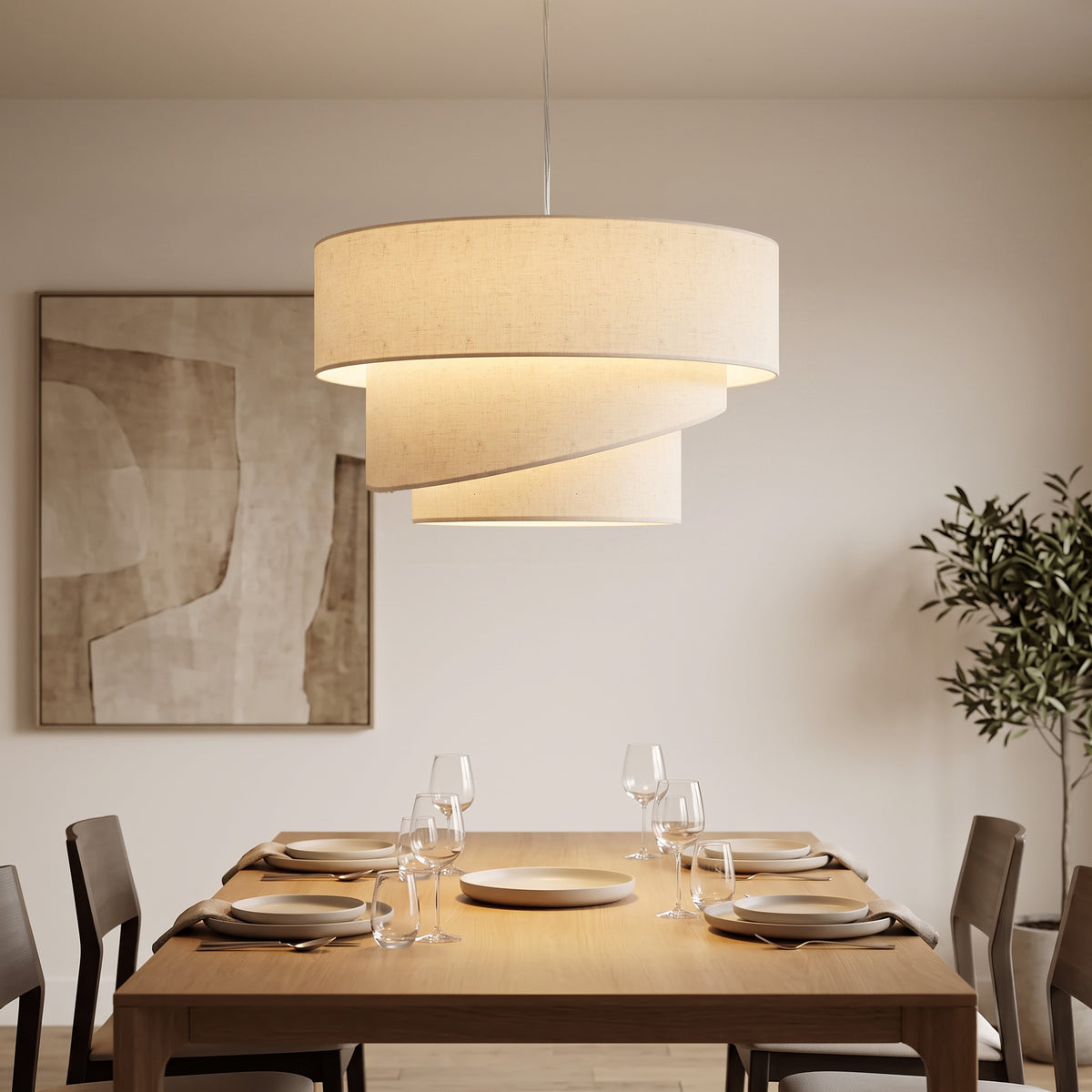 Hanglamp met 3 linnen kappen, moderne plafondlamp in hoogte verstelbaar, beige, lichtbron niet inbegrepen (2)